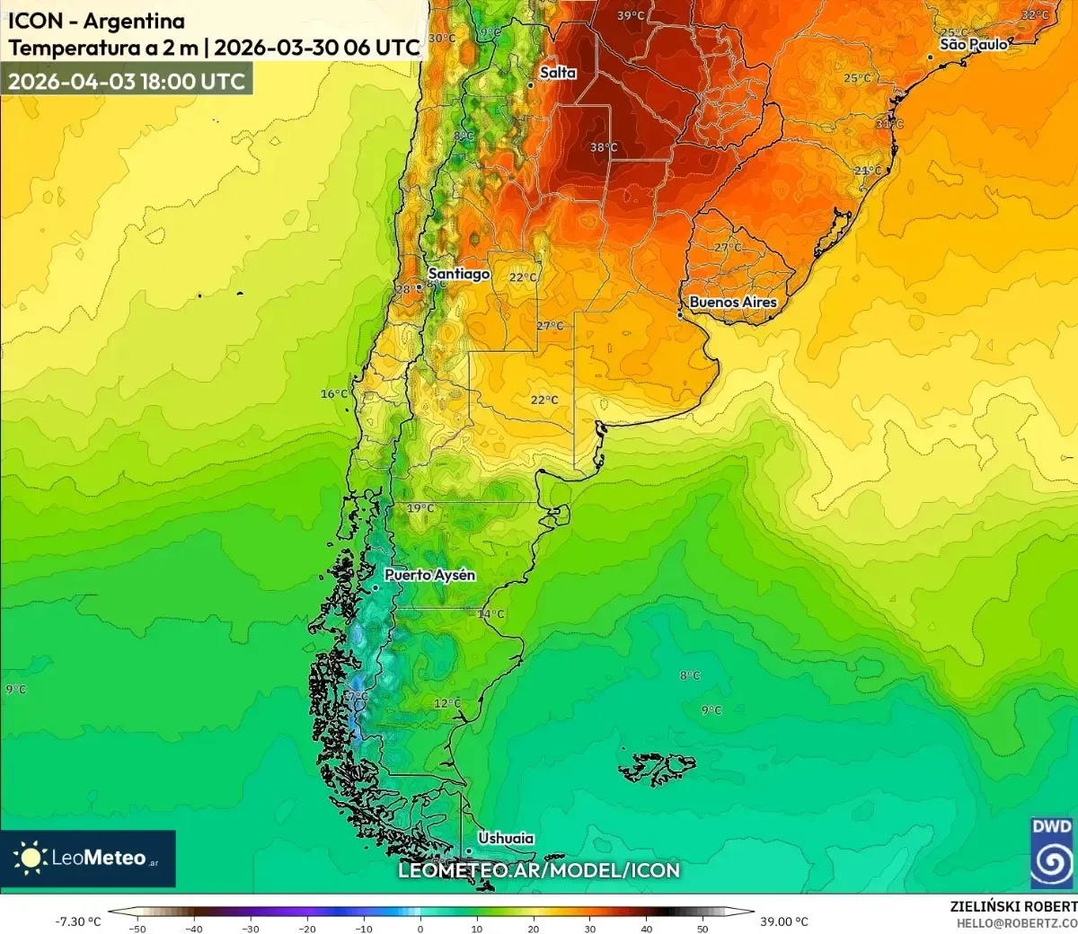 Temperaturas máximas en ascenso en el centro de Argentina, 3 de abril de 2026 (ICON)