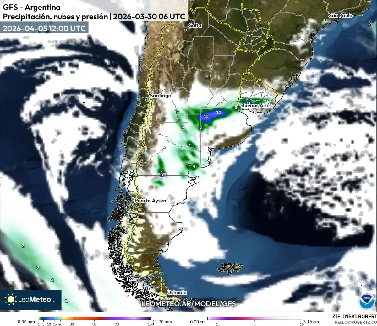 Chaparrones significativos cerca de Rosario el 5 de abril de 2026 (ICON)