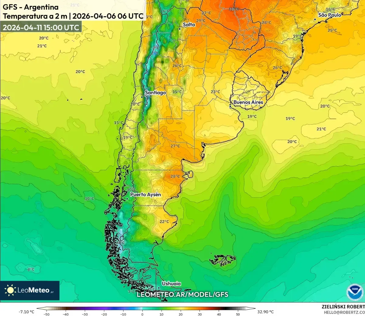 Temperaturas del Mediodía en Argentina 11 de Abril 2026 (ICON)