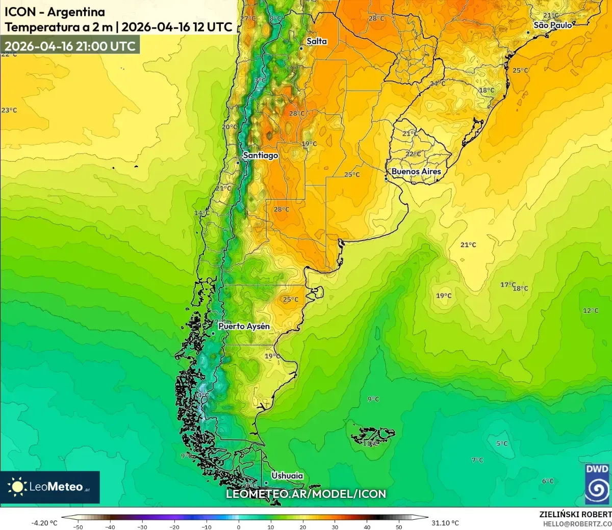 Pico de tarde cálida en Córdoba el 17 de abril de 2026 (ICON)