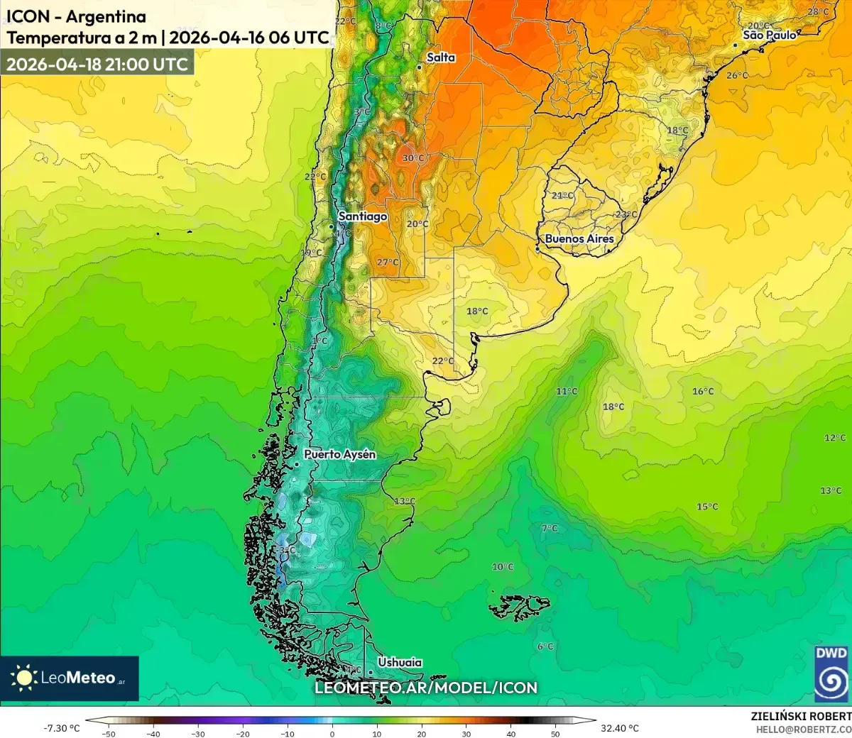 Tardes cálidas en el centro de Argentina el 18 de abril de 2026 (ICON)