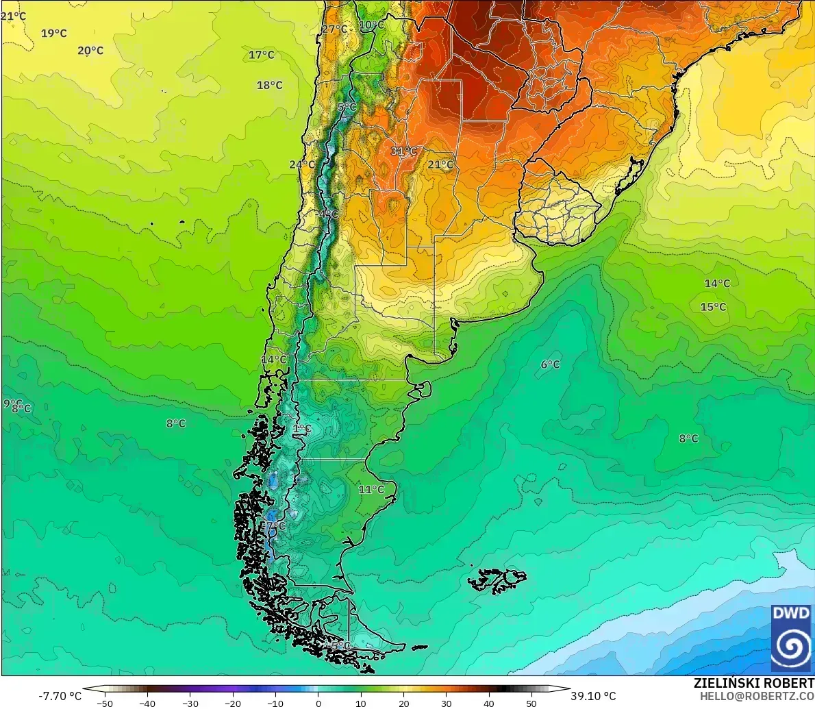 Temperatura pronosticada a 2 m en Argentina, sábado 26 de septiembre de 2026. Modelo ICON