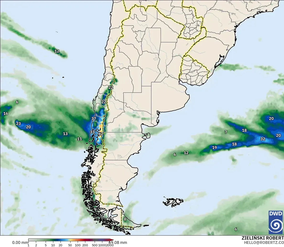 Precipitación acumulada pronosticada en Argentina, sábado 26 de septiembre de 2026. Modelo ICON