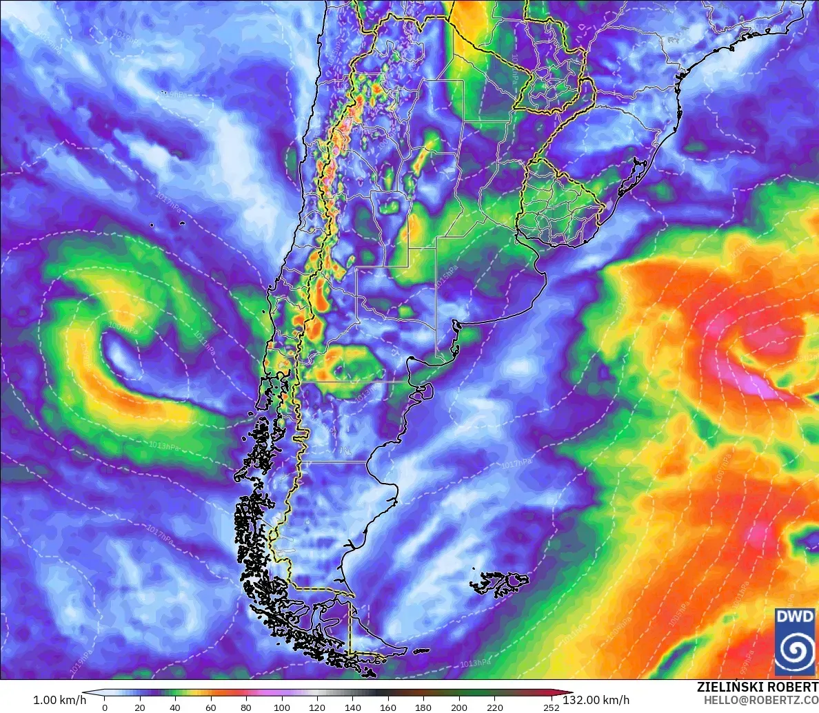Ráfagas de viento pronosticadas en Argentina, sábado 26 de septiembre de 2026. Modelo ICON