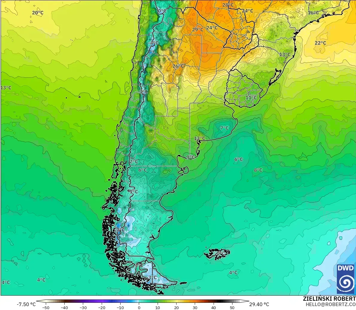 Temperaturas de hasta 48 °C, con un núcleo de calor extremo (≥ 40 °C) en toda la Argentina, lunes 28 de septiembre de 2026. Modelo ICON