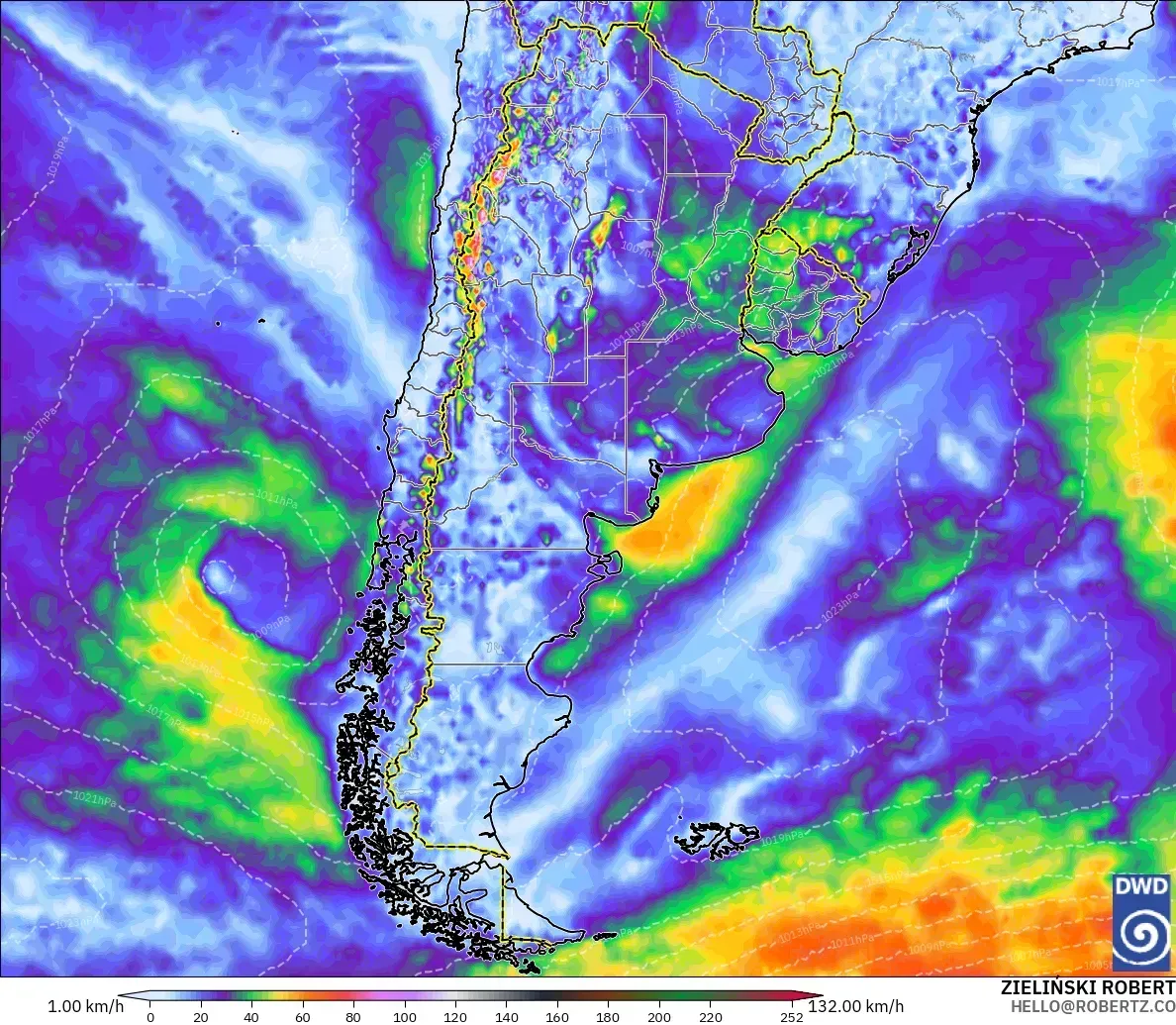 Ráfagas de hasta 150 km/h, con un núcleo de fuerza de tifón (≥ 118 km/h) en toda la Argentina, lunes 28 de septiembre de 2026. Modelo ICON