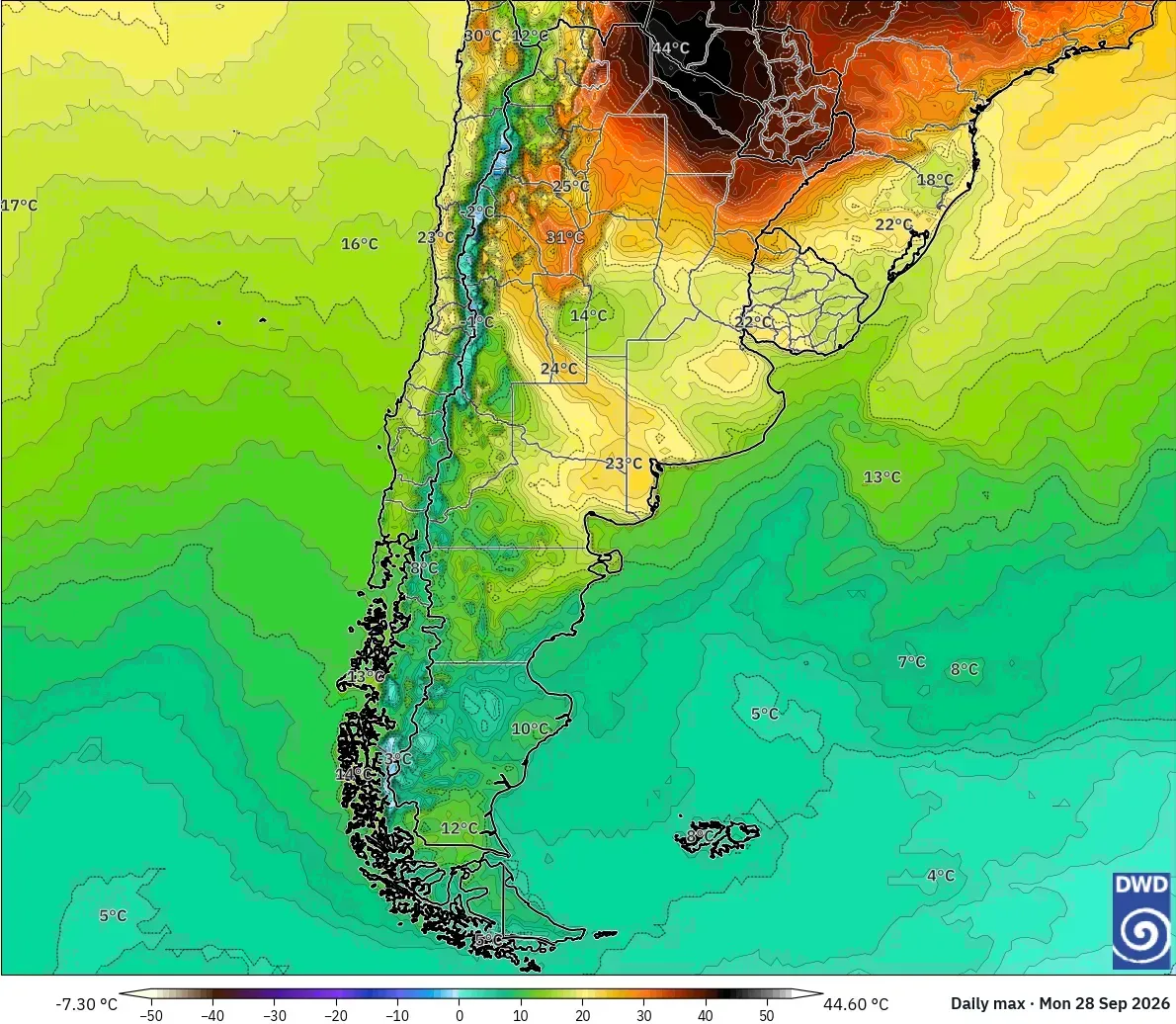 Máximas de hasta 48 °C, con núcleo de calor extremo (≥ 40 °C) en todo el país, lunes 28 de septiembre de 2026. Modelo ICON