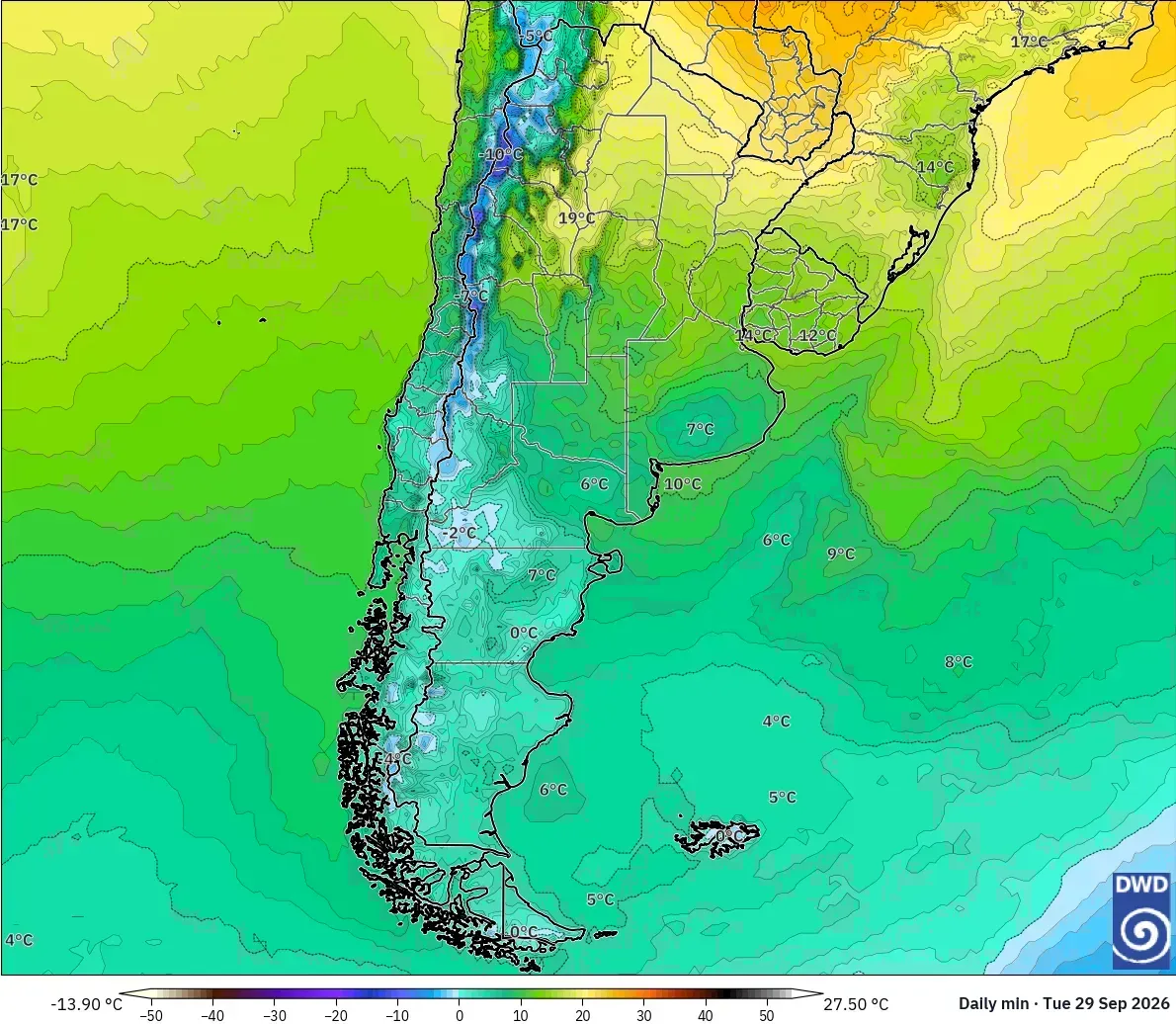 Mínimas de hasta 49 °C, con núcleo de calor extremo (≥ 40 °C) en todo el país, martes 29 de septiembre de 2026. Modelo ICON