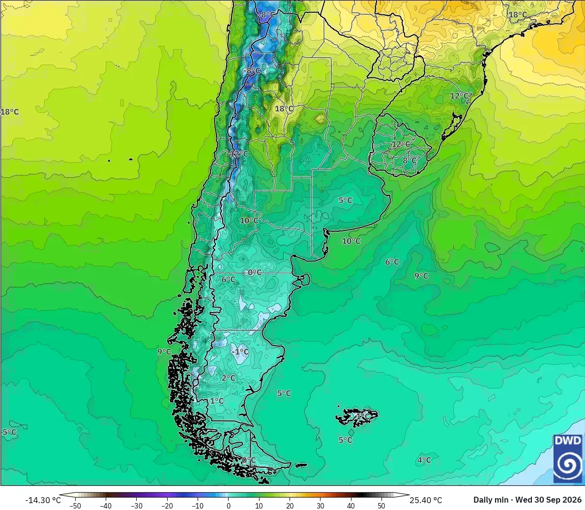 Mínimas de hasta 47 °C, con núcleo de calor extremo (≥ 40 °C) en todo el país, miércoles 30 de septiembre de 2026. Modelo ICON