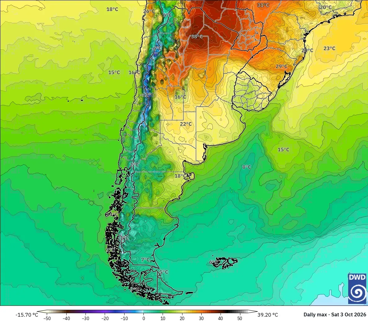 Máximas de hasta 47 °C, con núcleo de calor extremo (≥ 40 °C) en todo el país, sábado 3 de octubre de 2026. Modelo ICON