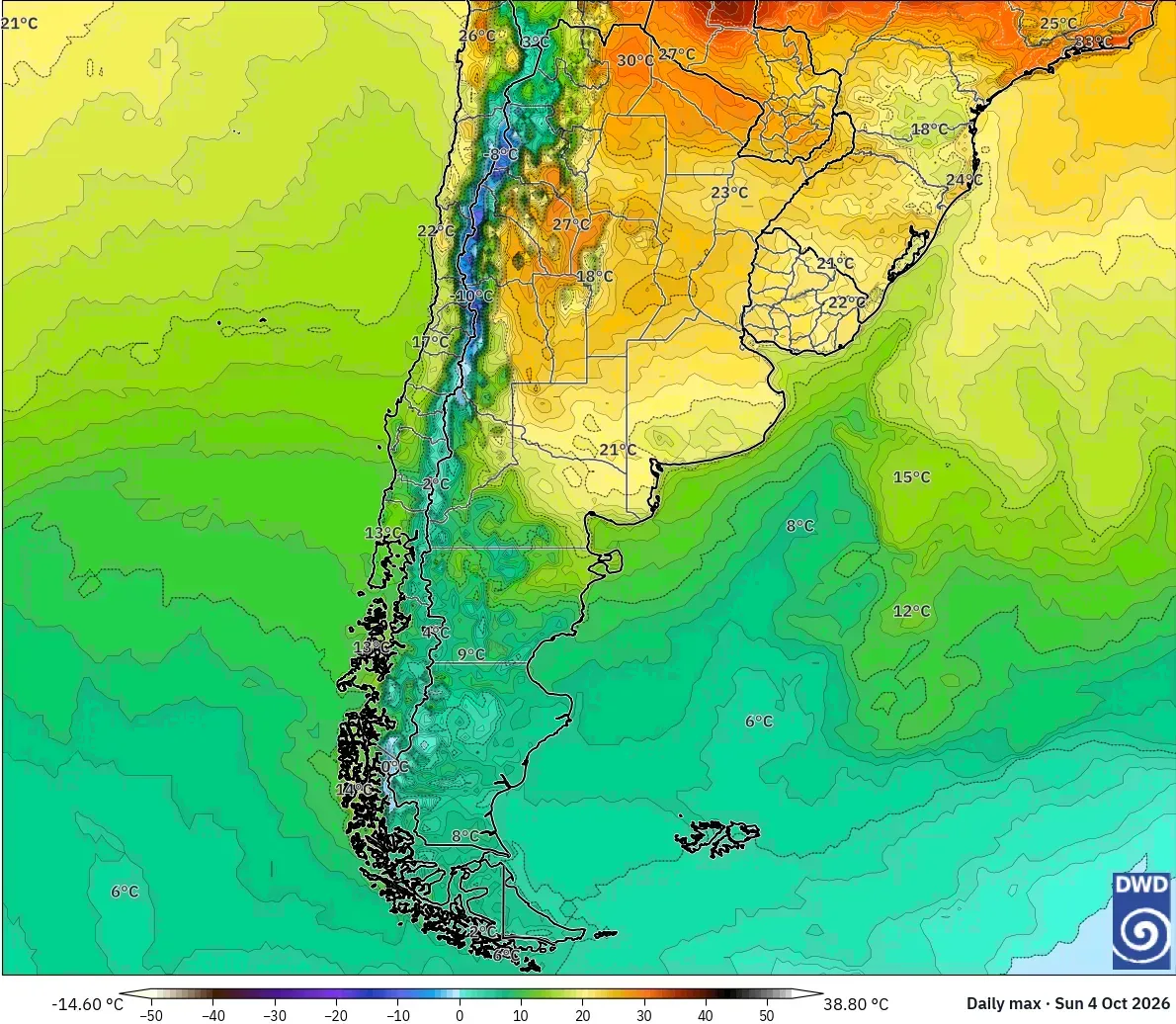 Máximas de hasta 48 °C, con núcleo de calor extremo (≥ 40 °C) en todo el país, domingo 4 de octubre de 2026. Modelo ICON
