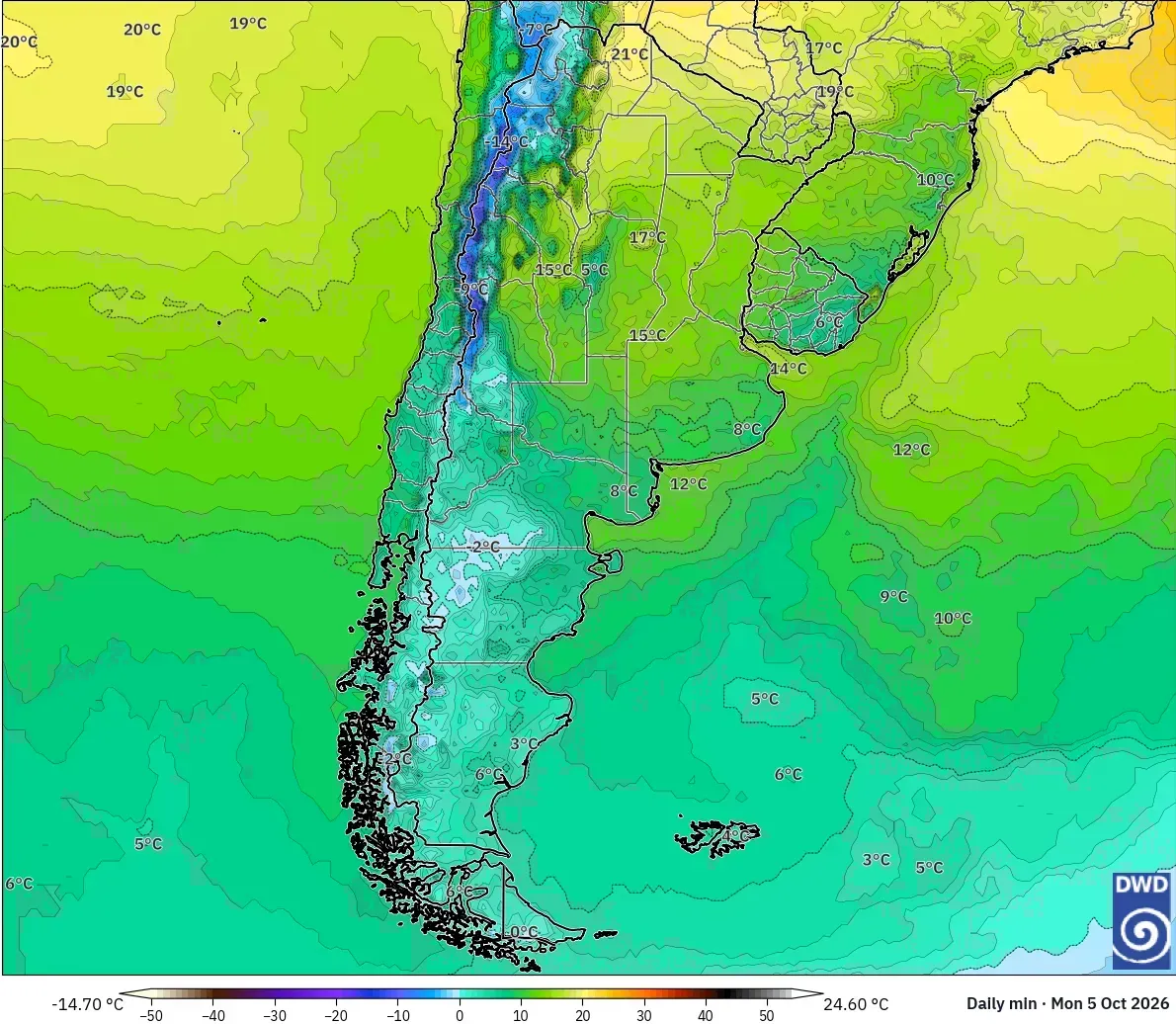 Mínimas de hasta -15 °C en toda la Argentina, lunes 5 de octubre de 2026. Modelo ICON