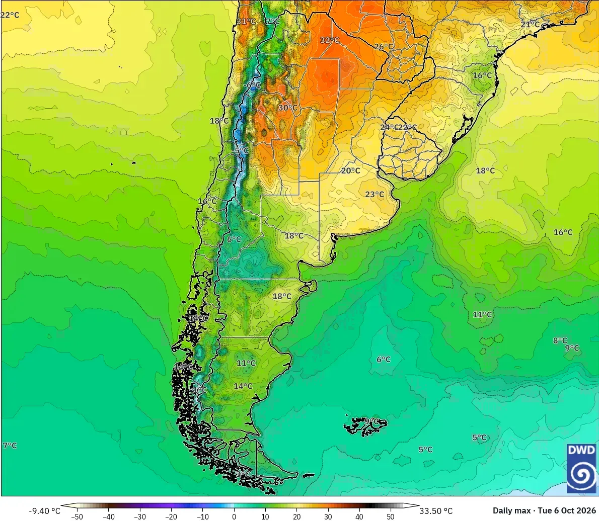 Máximas de hasta 34 °C en toda la Argentina, martes 6 de octubre de 2026. Modelo ICON