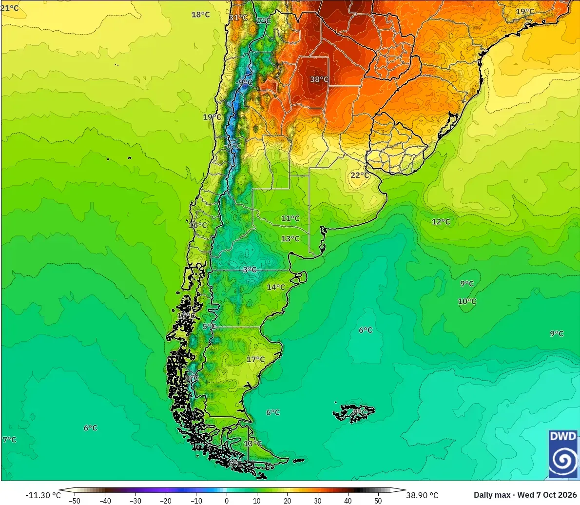 Máximas de hasta 38 °C en toda la Argentina, miércoles 7 de octubre de 2026. Modelo ICON