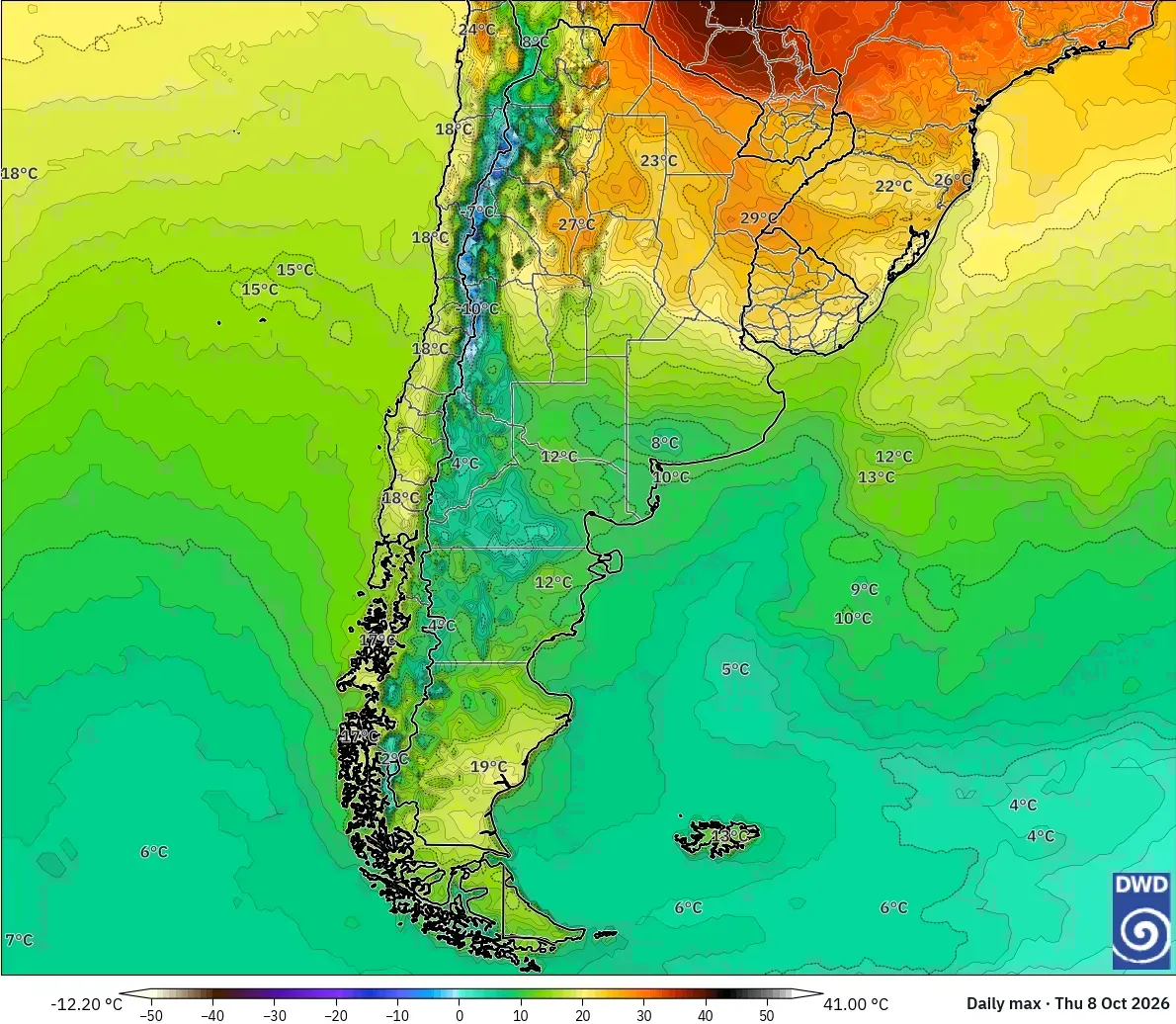 Máximas de hasta 35 °C en toda la Argentina, jueves 8 de octubre de 2026. Modelo ICON