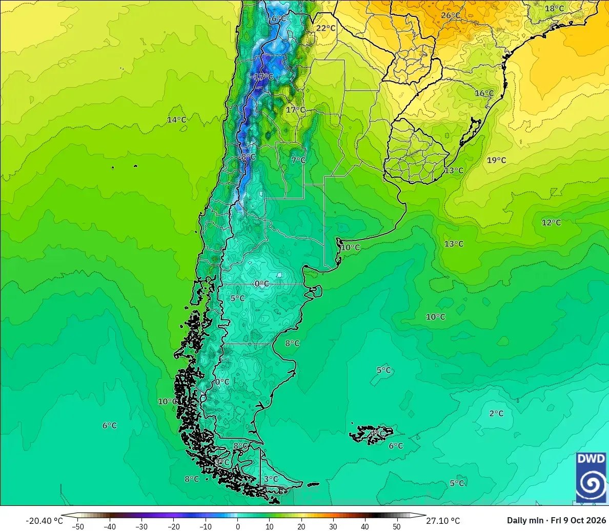 Mínimas de hasta -19 °C en toda la Argentina, viernes 9 de octubre de 2026. Modelo ICON
