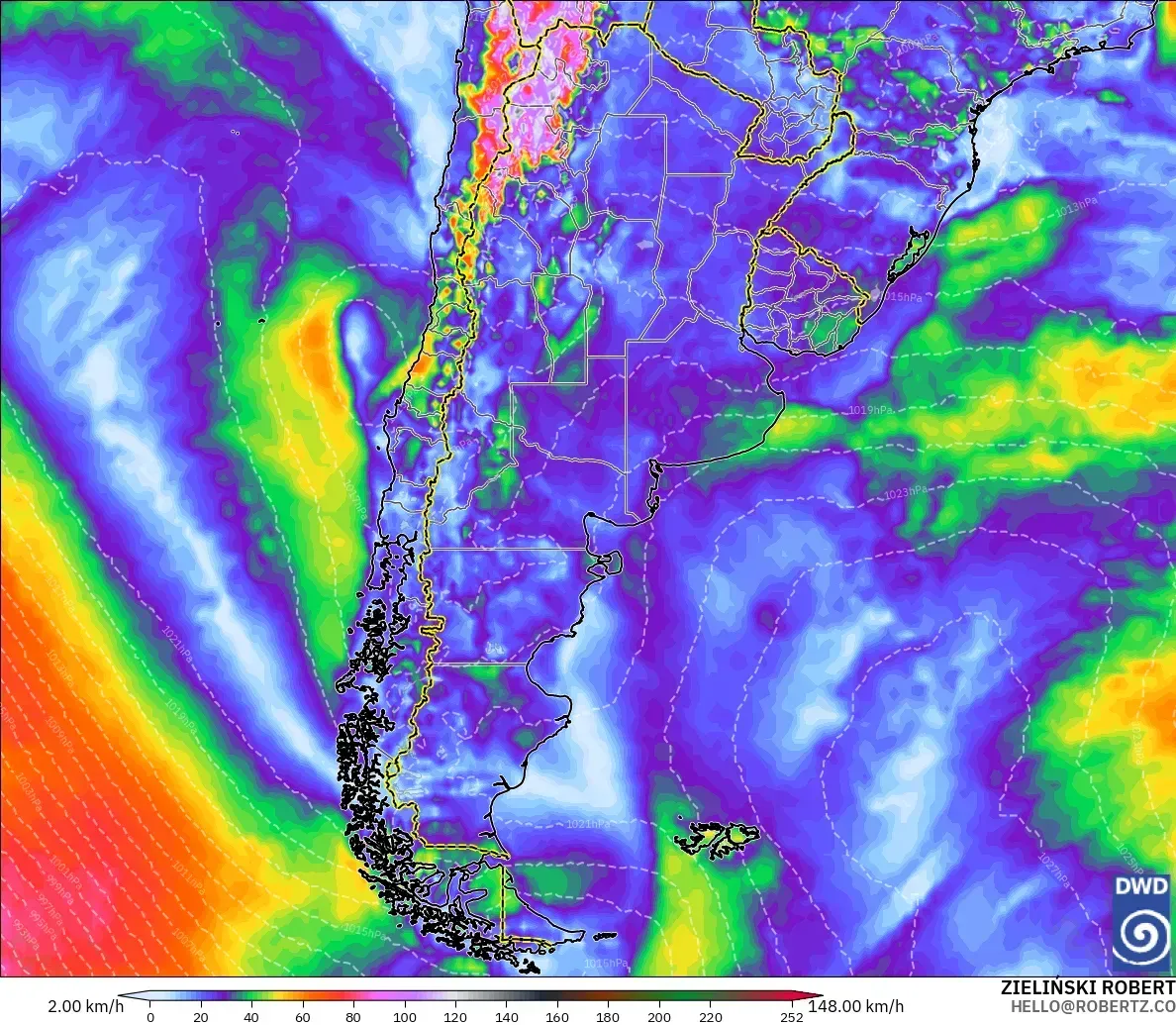 Ráfagas de hasta 108 km/h en todo el país, martes 13 de octubre de 2026. Modelo ICON