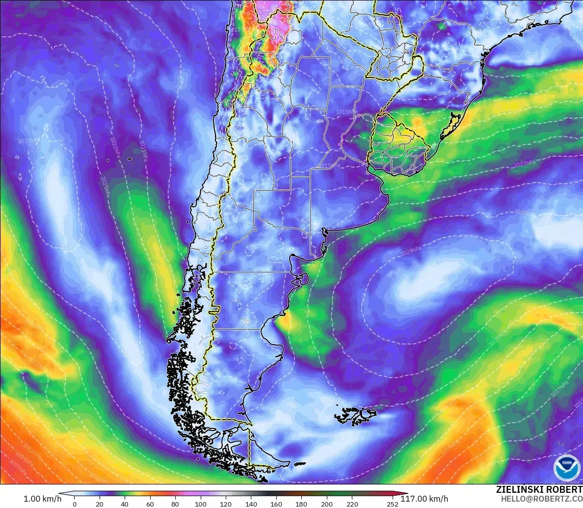 Ráfagas de hasta 106 km/h en todo el país, jueves 15 de octubre de 2026. Modelo GFS