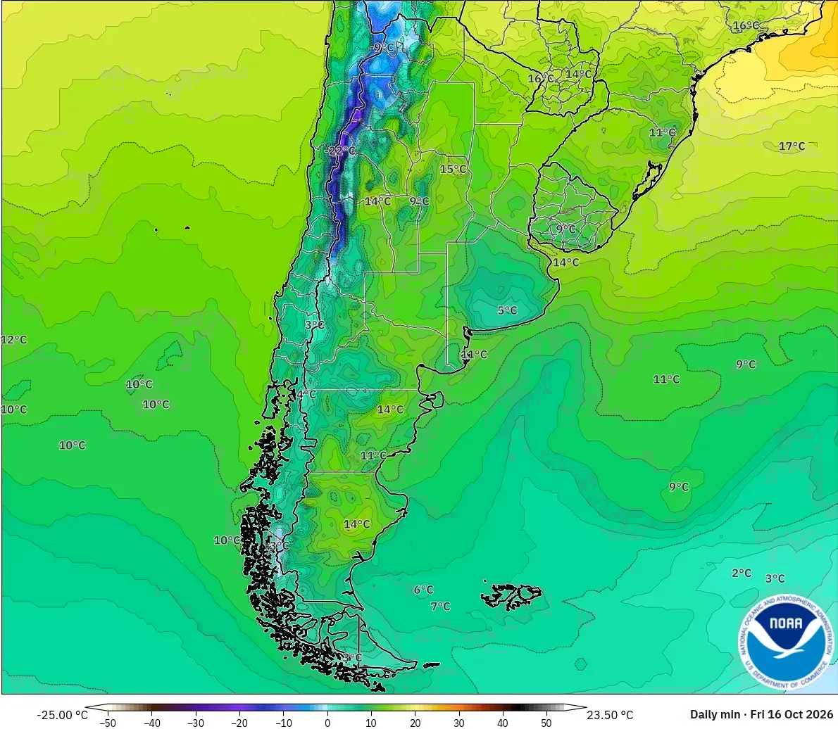 Mínimas de hasta -25 °C en todo el país, viernes 16 de octubre de 2026. Modelo GFS