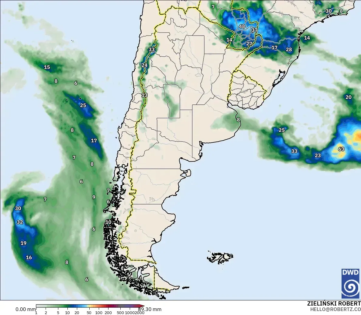 Lluvia de hasta 54 mm por día en Argentina, domingo 11 de octubre de 2026. Modelo ICON