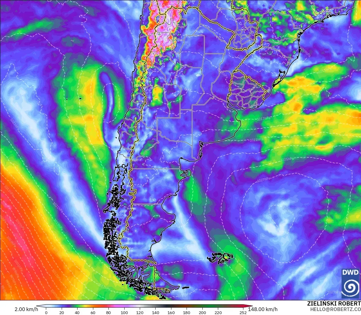 Ráfagas de hasta 111 km/h en Argentina, martes 13 de octubre de 2026. Modelo ICON