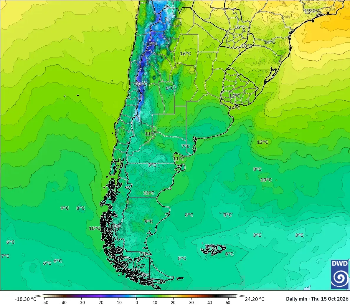Mínimas de hasta -18 °C en Argentina, jueves 15 de octubre de 2026. Modelo ICON
