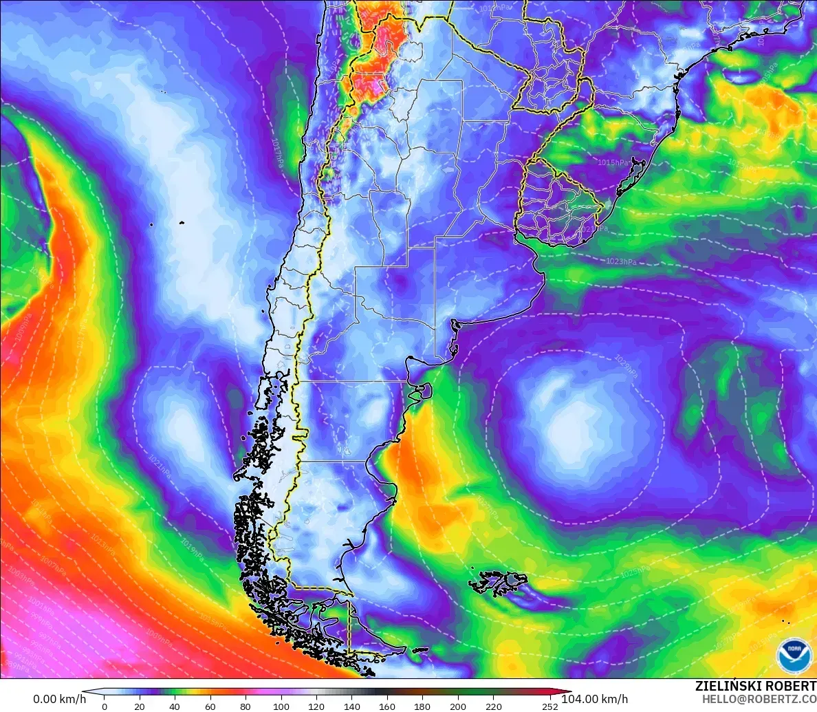 Ráfagas de hasta 90 km/h en Argentina, viernes 16 de octubre de 2026. Modelo GFS