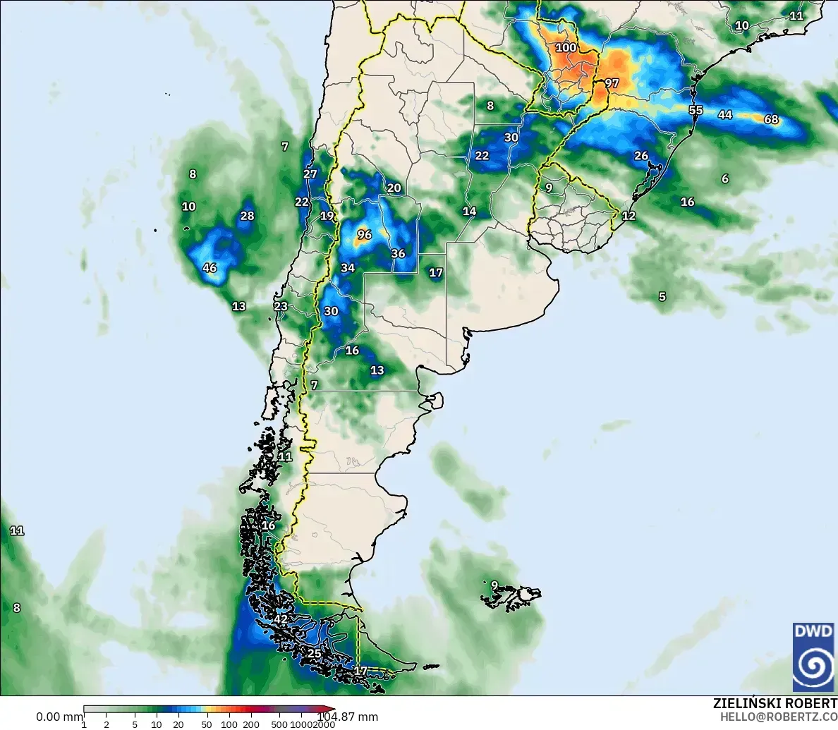 Lluvias de hasta 44 mm por día en toda la Argentina, martes 13 de octubre de 2026. Modelo ICON