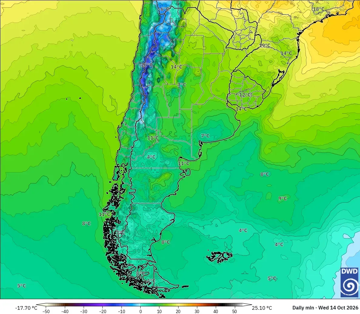 Mínimas de hasta -18 °C en toda la Argentina, miércoles 14 de octubre de 2026. Modelo ICON