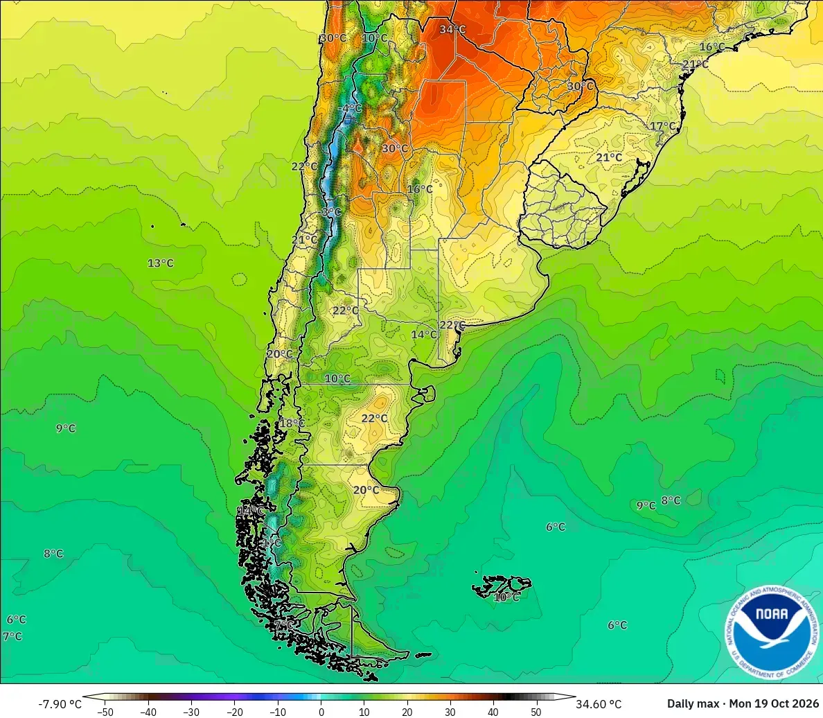 Máximas de hasta 35 °C en toda la Argentina, lunes 19 de octubre de 2026. Modelo GFS