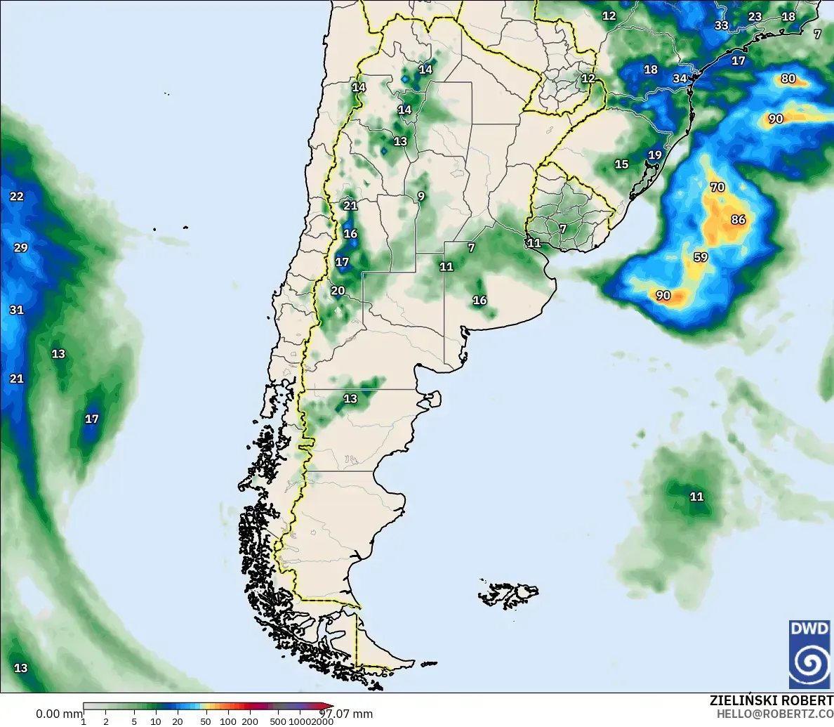 Lluvias de hasta 52 mm en un día en todo el país, viernes 16 de octubre de 2026. Modelo ICON