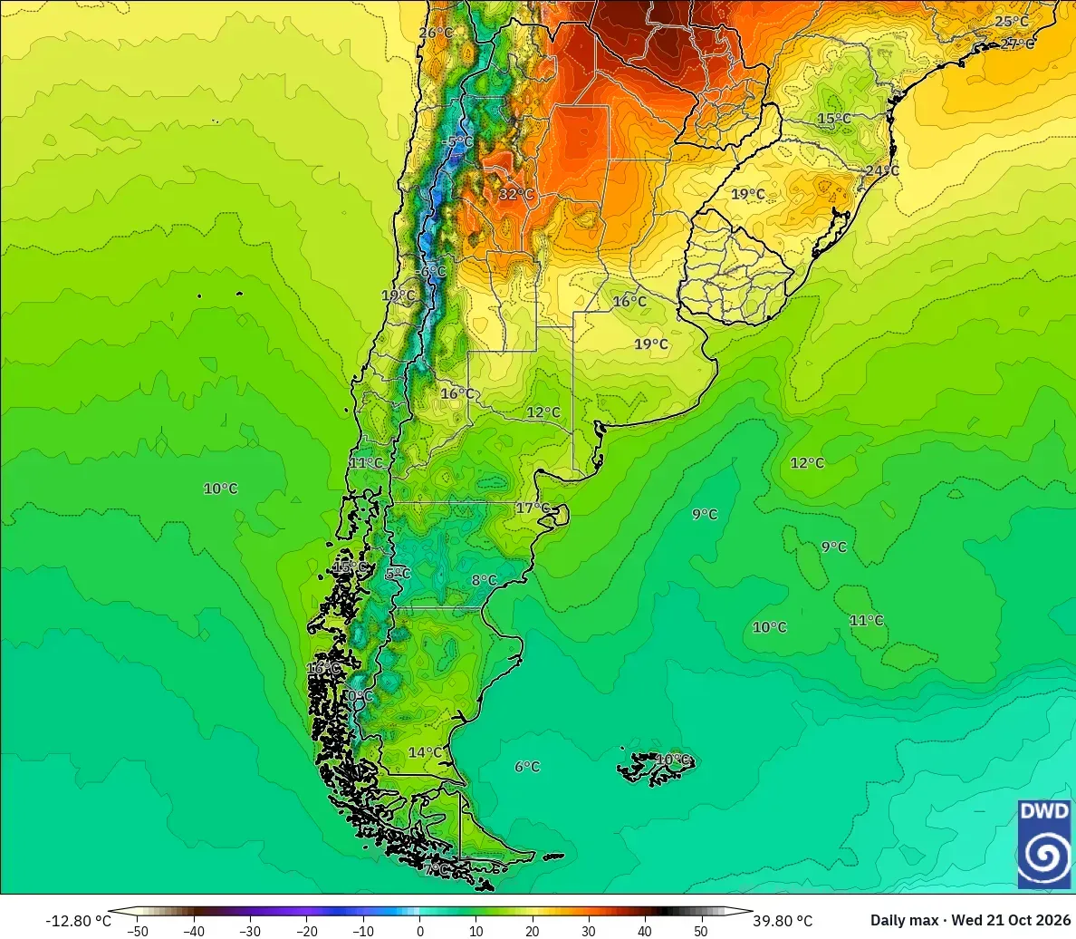 Máximas de hasta 37 °C en todo el país, miércoles 21 de octubre de 2026. Modelo ICON