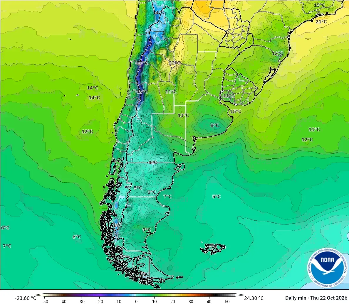 Mínimas de hasta -24 °C en todo el país, jueves 22 de octubre de 2026. Modelo GFS