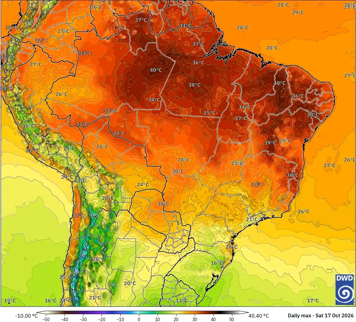 Máximas de hasta 40 °C en todo Brasil, sábado 17 de octubre de 2026. Modelo ICON