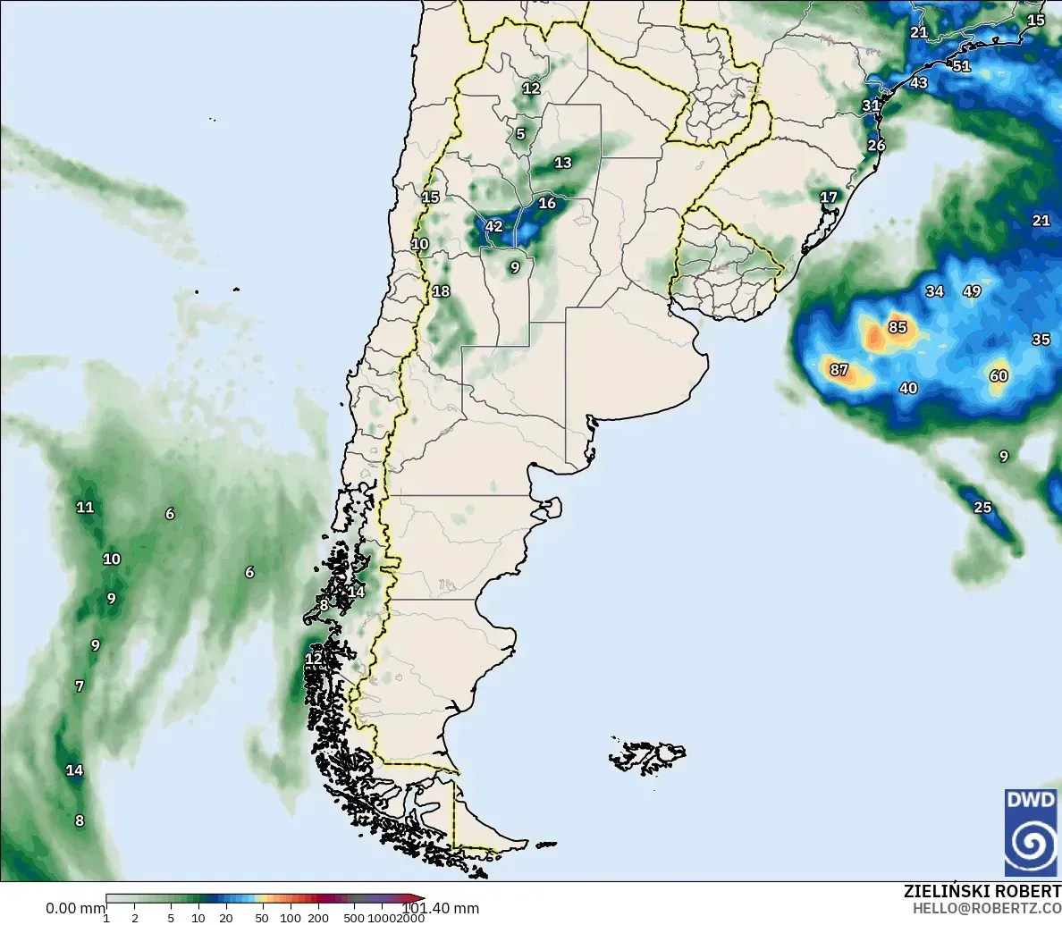 Lluvia de hasta 61 mm en 1,1 días al este de Argentina, sábado 17 de octubre de 2026. Modelo ICON