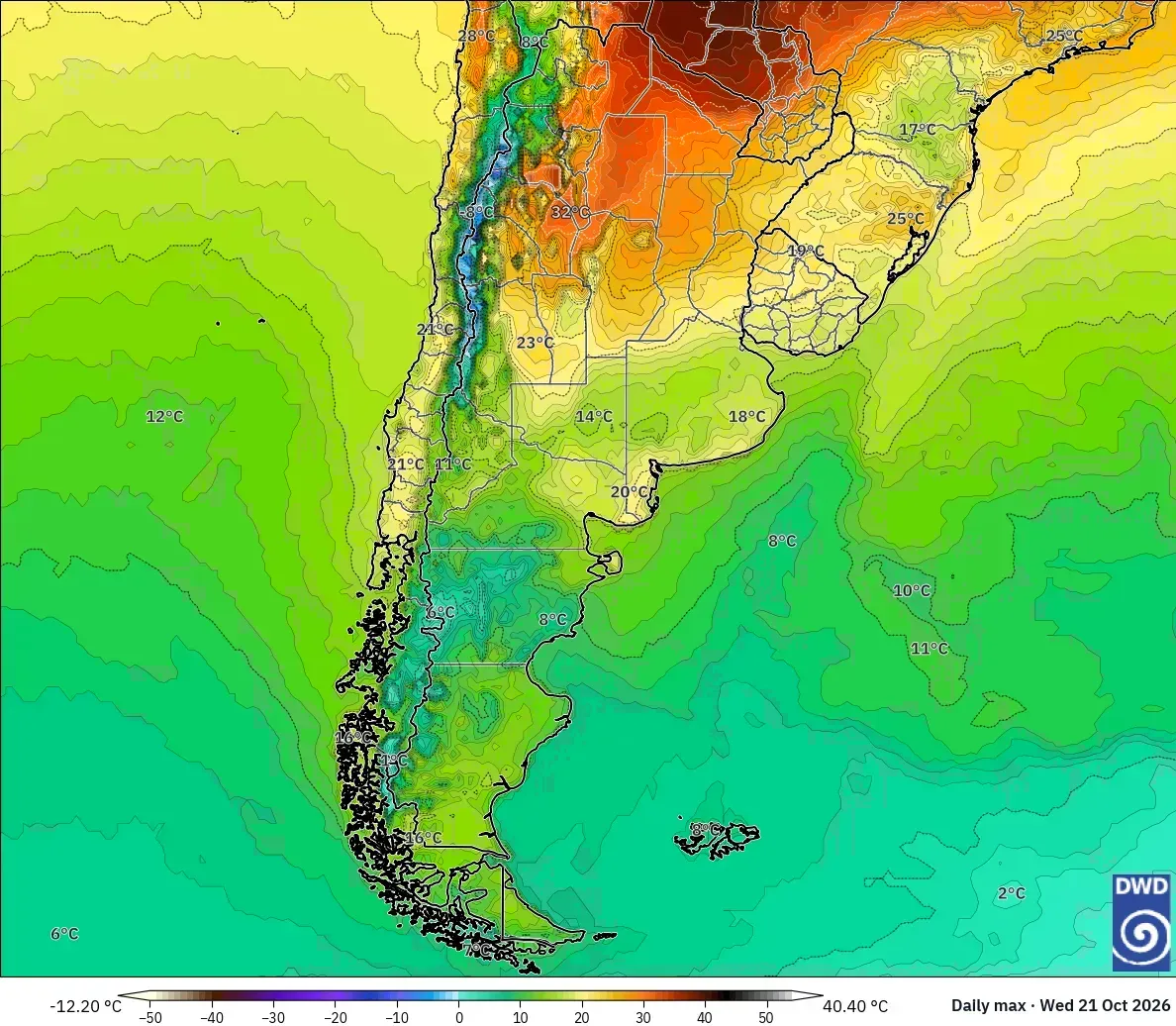 Máximas de hasta 38 °C en toda Argentina, miércoles 21 de octubre de 2026. Modelo ICON
