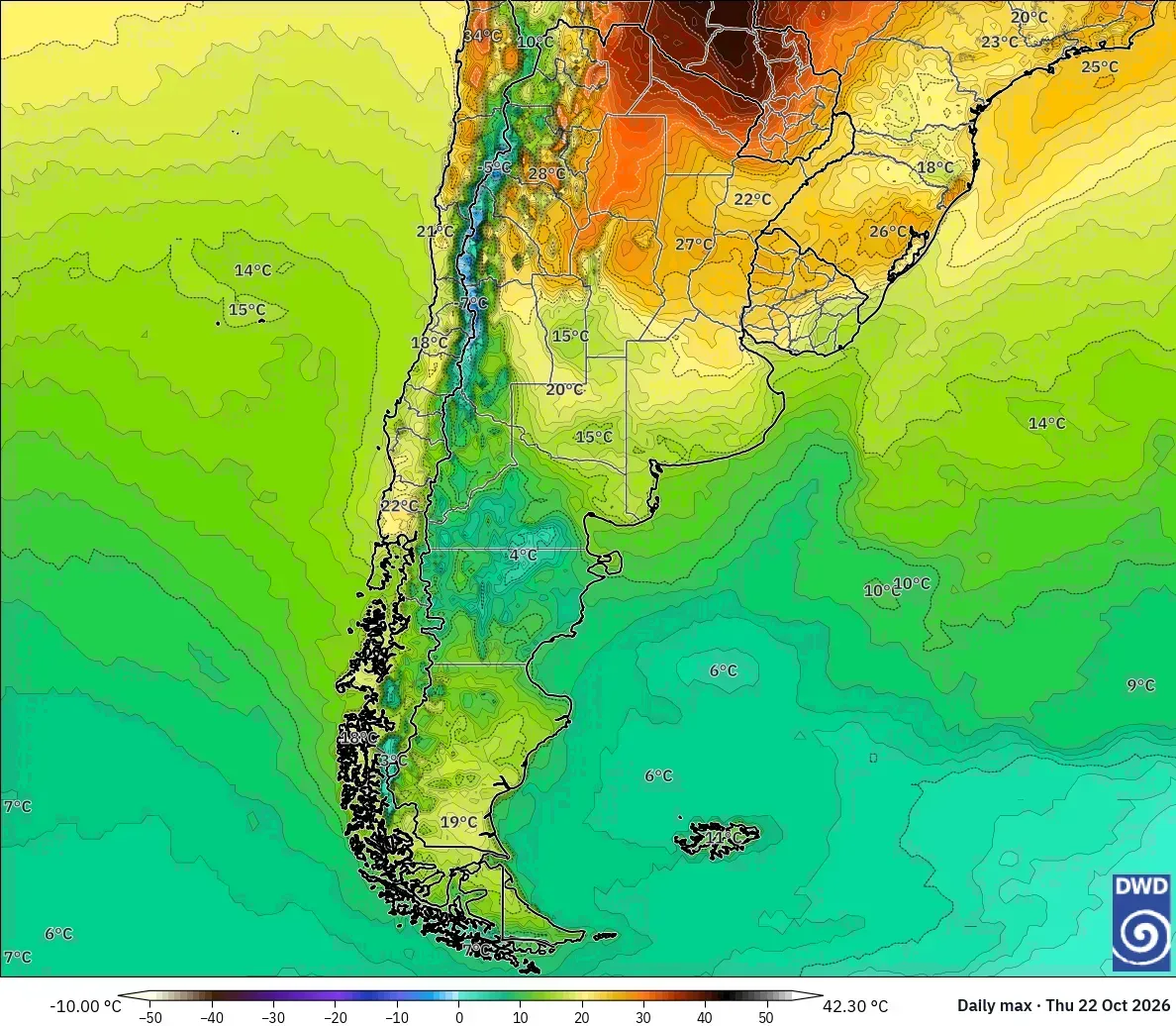 Máximas de hasta 39 °C en toda Argentina, jueves 22 de octubre de 2026. Modelo ICON