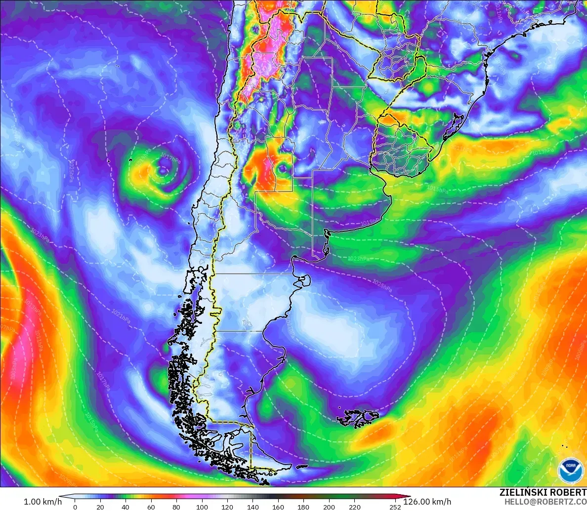 Ráfagas de hasta 105 km/h en toda Argentina, sábado 24 de octubre de 2026. Modelo GFS