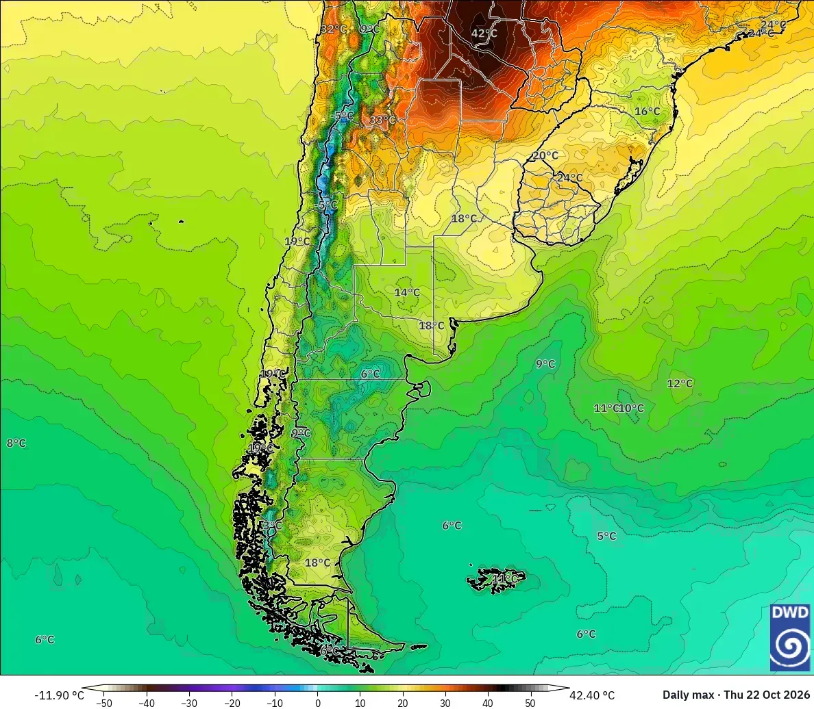 Máximas de hasta 42 °C en toda Argentina, con núcleo de calor extremo (≥ 40 °C), jueves 22 de octubre de 2026. Modelo ICON
