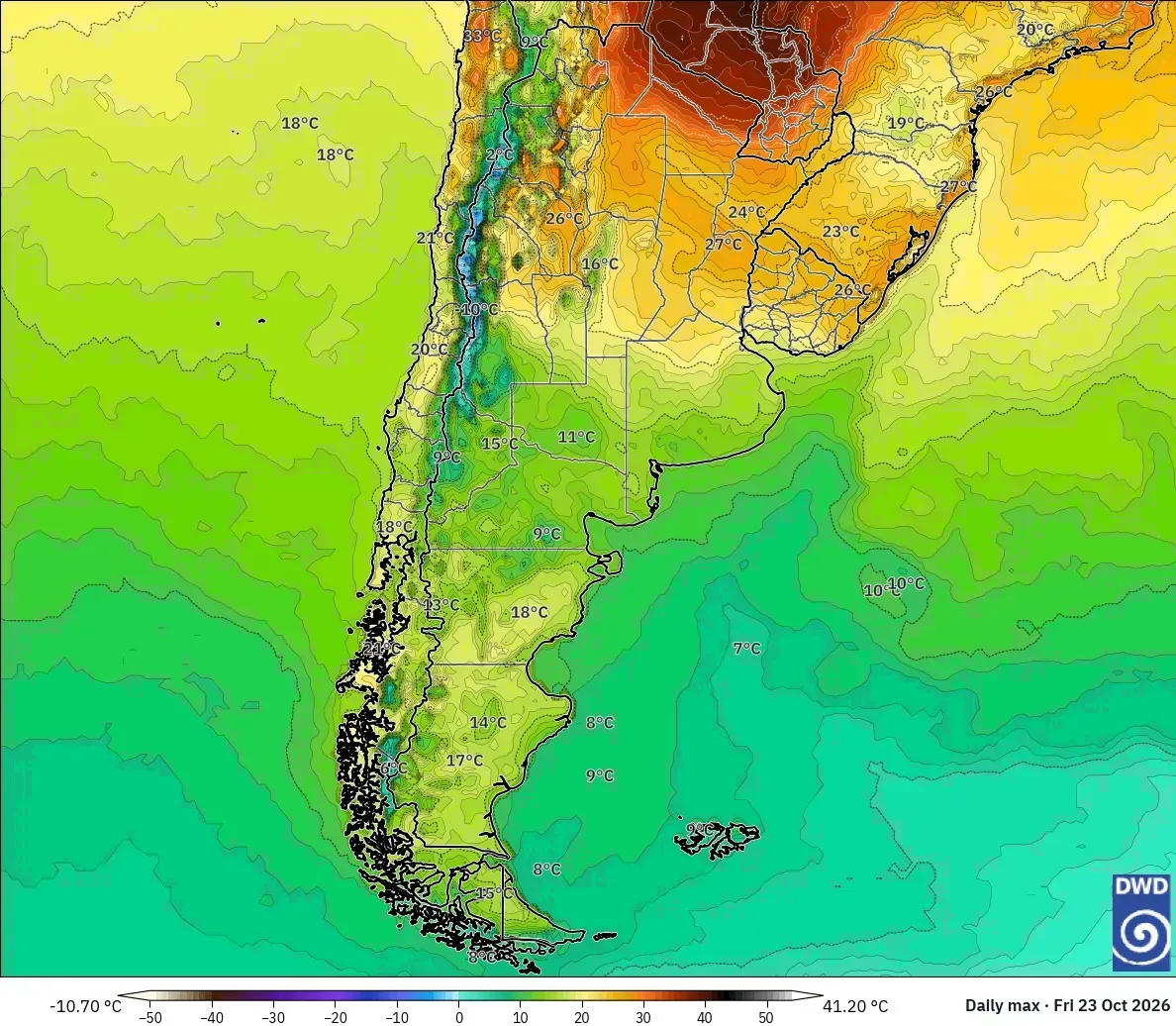 Máximas de hasta 38 °C en toda Argentina, viernes 23 de octubre de 2026. Modelo ICON