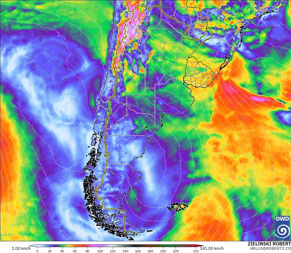 Ráfagas de hasta 87 km/h en el este de Argentina, sábado 24 de octubre de 2026. Modelo ICON