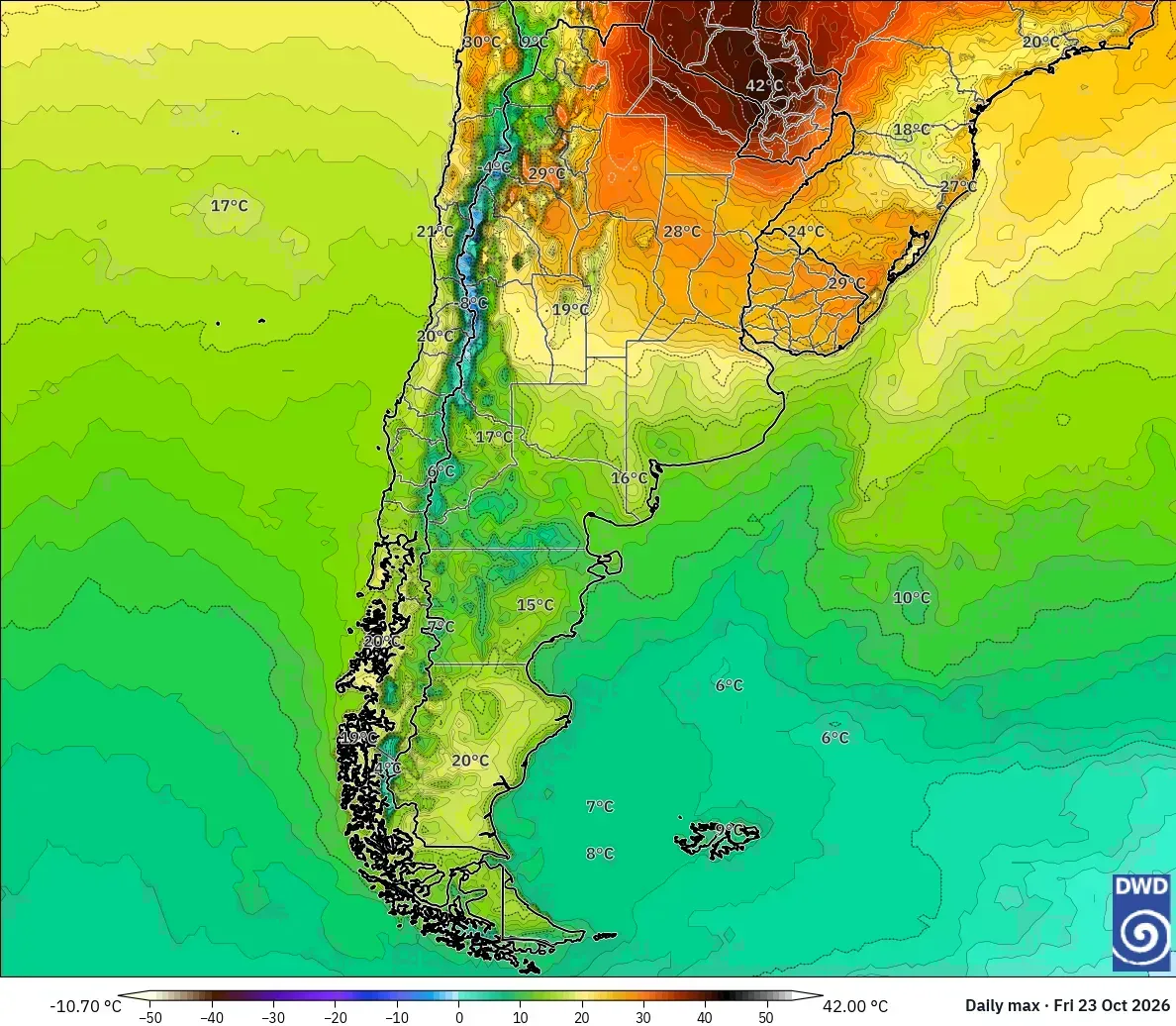 Máximas de hasta 42 °C en Argentina, viernes 23 de octubre de 2026. Modelo ICON