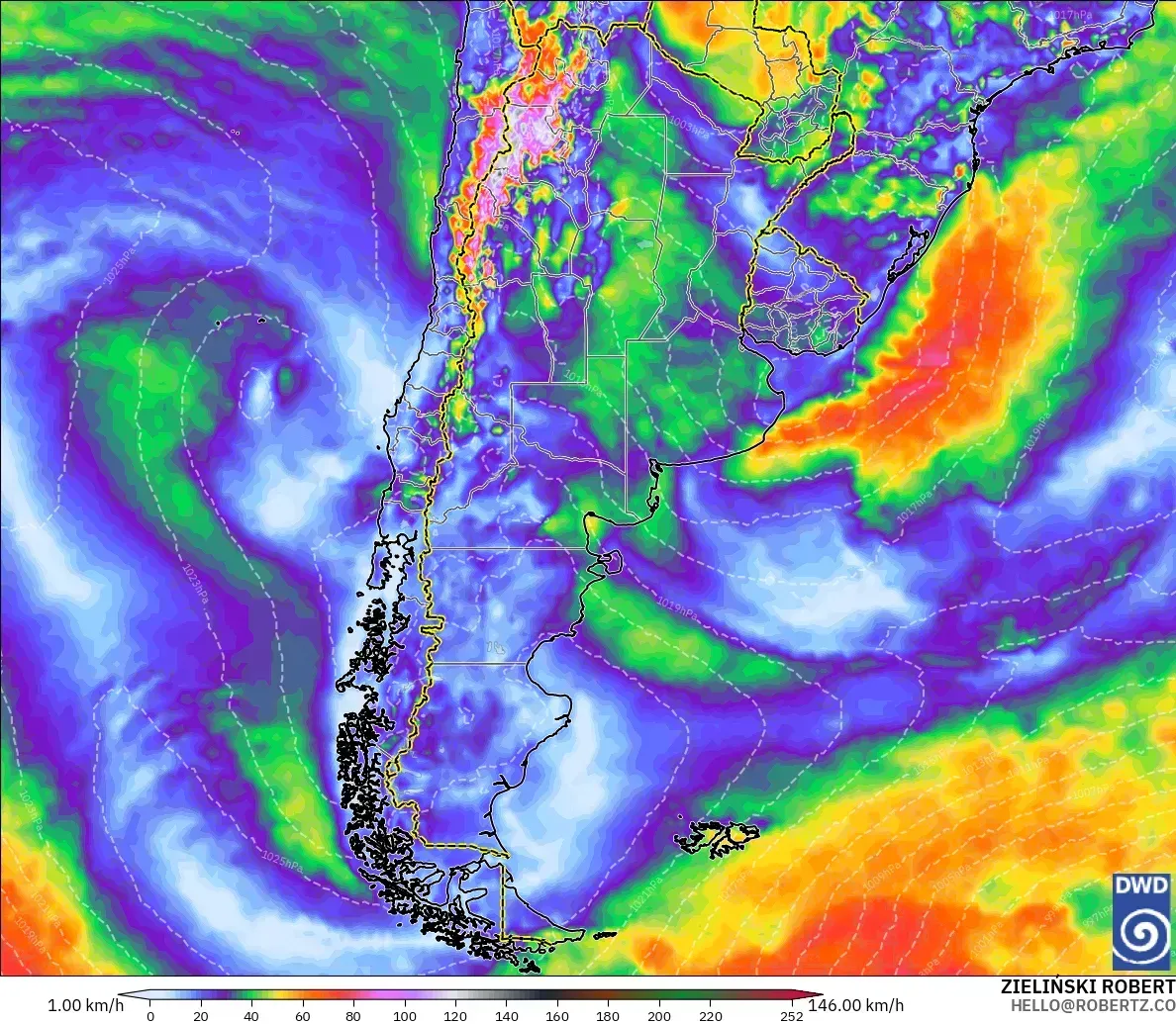 Ráfagas de hasta 113 km/h en Argentina, viernes 23 de octubre de 2026. Modelo ICON
