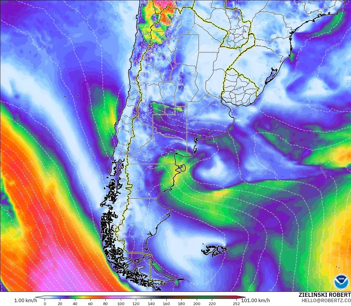 Ráfagas de hasta 95 km/h en el sudoeste de Argentina, miércoles 28 de octubre de 2026. Modelo GFS