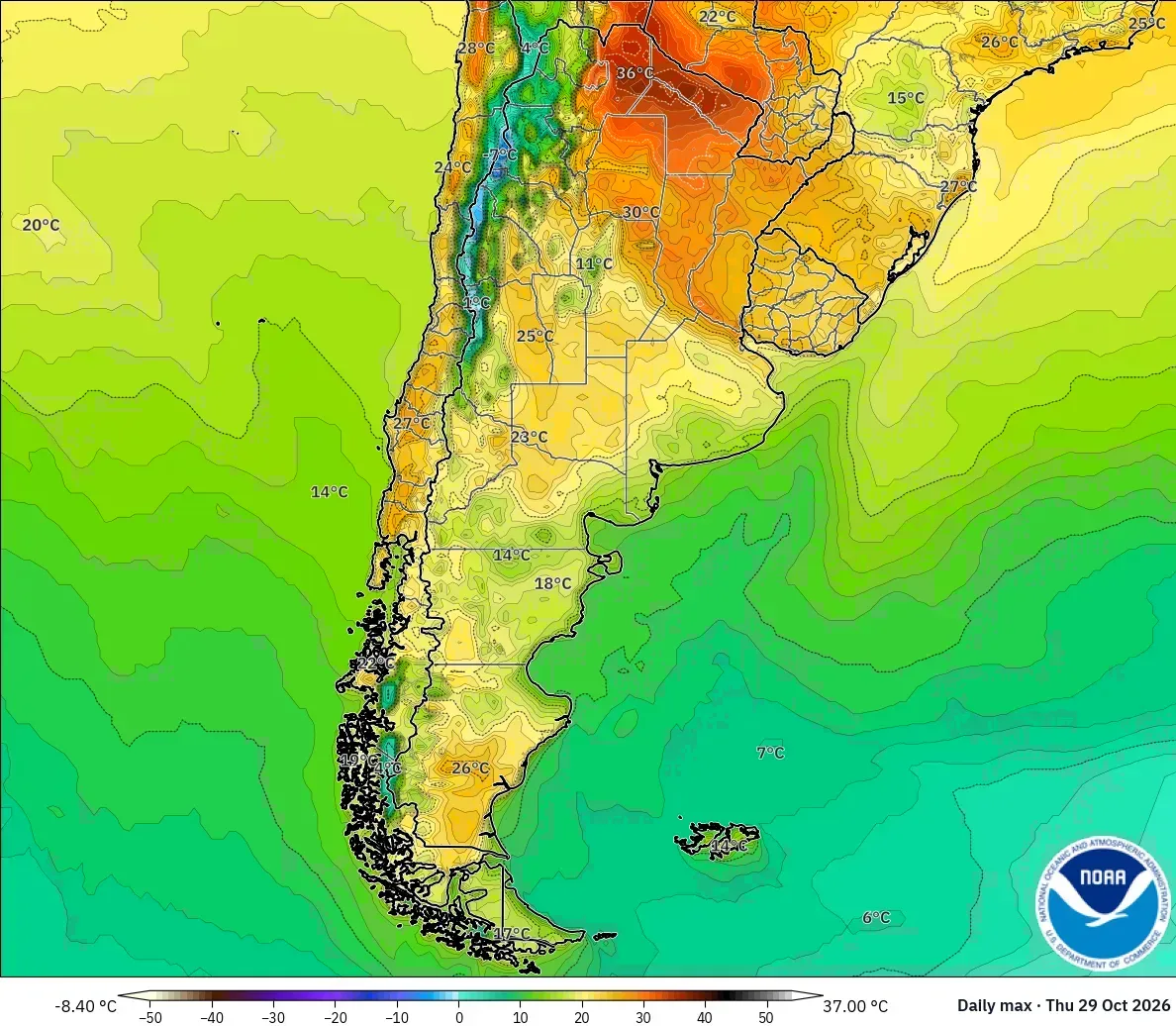 Máximas de hasta 37 °C en Argentina, jueves 29 de octubre de 2026. Modelo GFS