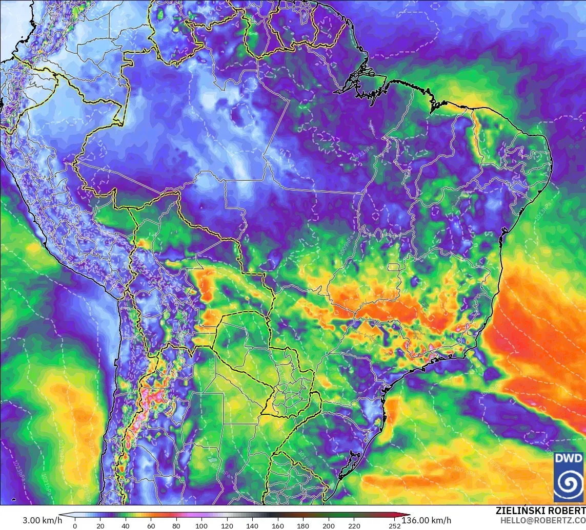 Ráfagas de hasta 76 km/h cerca de Brasil, domingo 25 de octubre de 2026. Modelo ICON