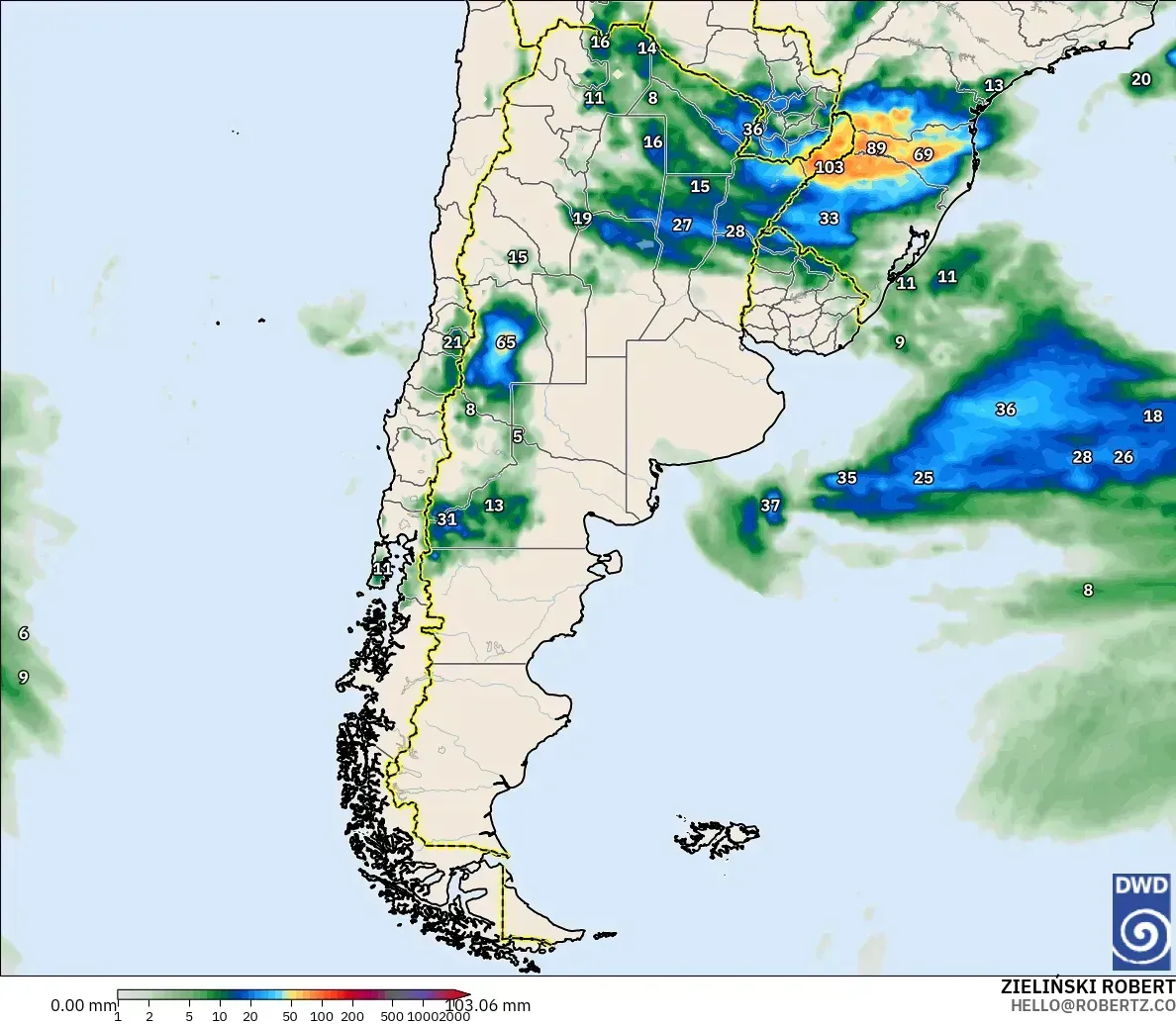 Lluvias de hasta 71 mm al este de Argentina, sábado 24 de octubre de 2026. Modelo ICON