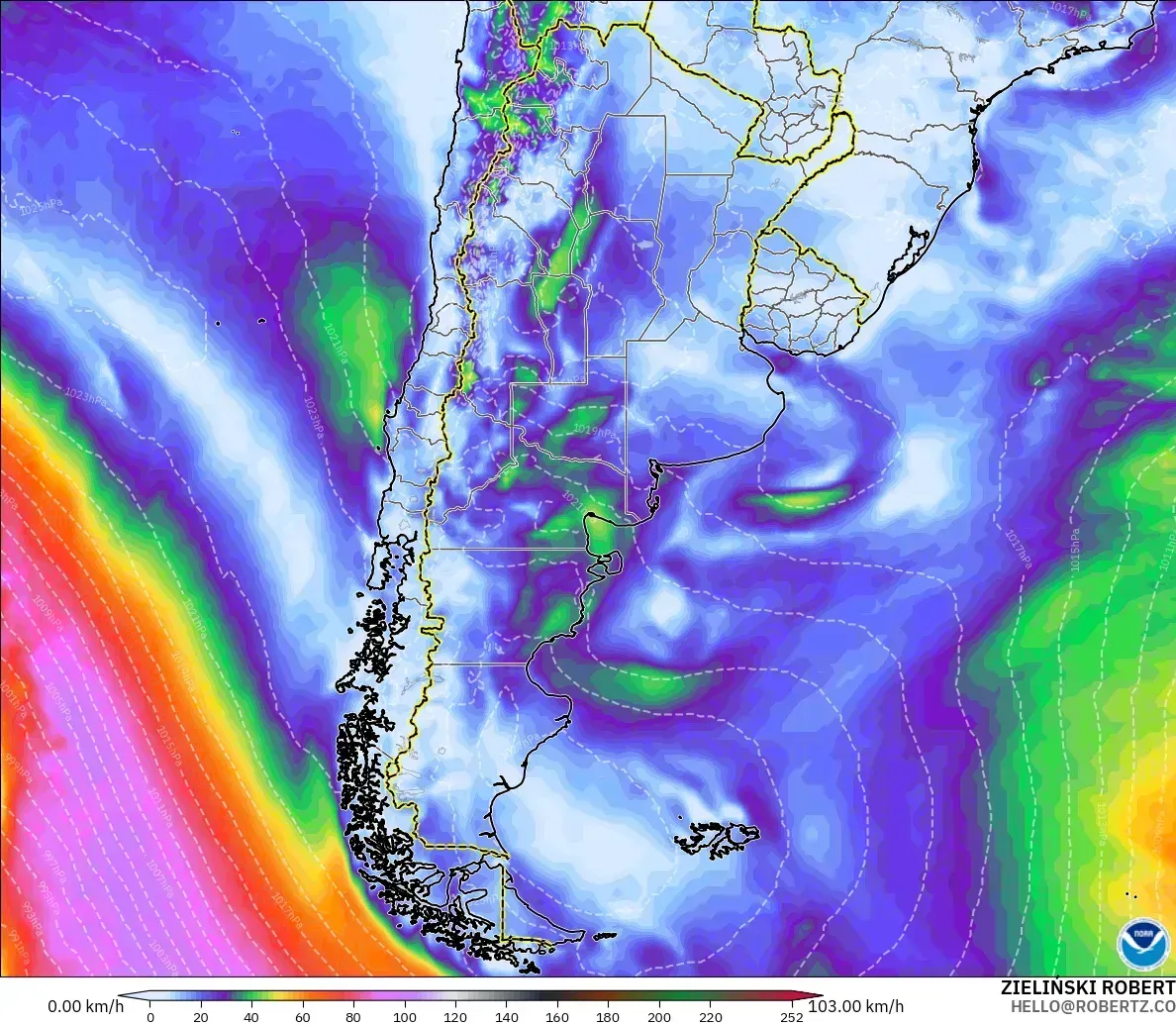 Ráfagas de hasta 98 km/h al oeste de Argentina, miércoles 28 de octubre de 2026. Modelo GFS