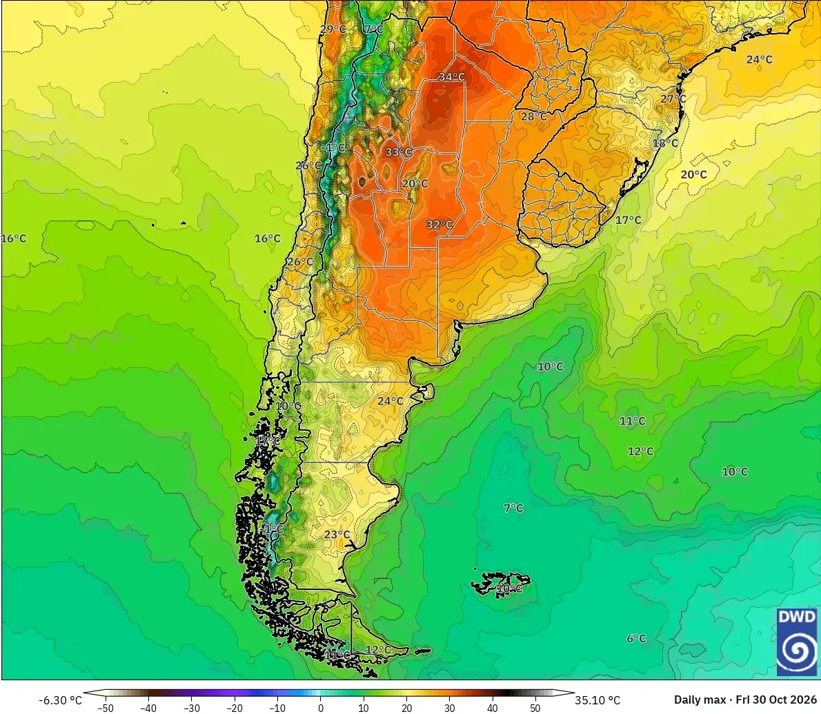 Máximas de hasta 35 °C en Argentina, viernes 30 de octubre de 2026. Modelo ICON