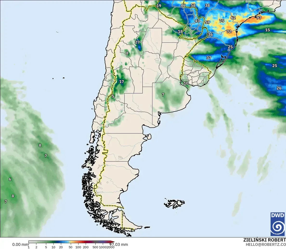 Lluvia de hasta 71 mm en 1,1 días al este de Argentina, domingo 25 de octubre de 2026. Modelo ICON